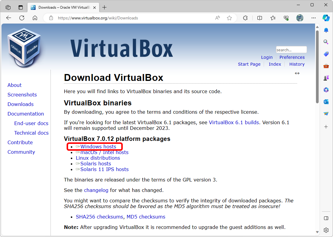 VirtualBox Downloadページ